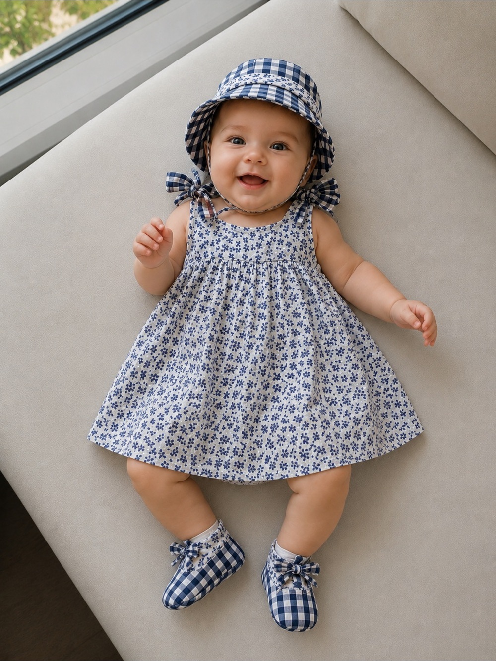 Baby kid set body Dress + hat + shoes 1/3 months Jacadi strapless blue white